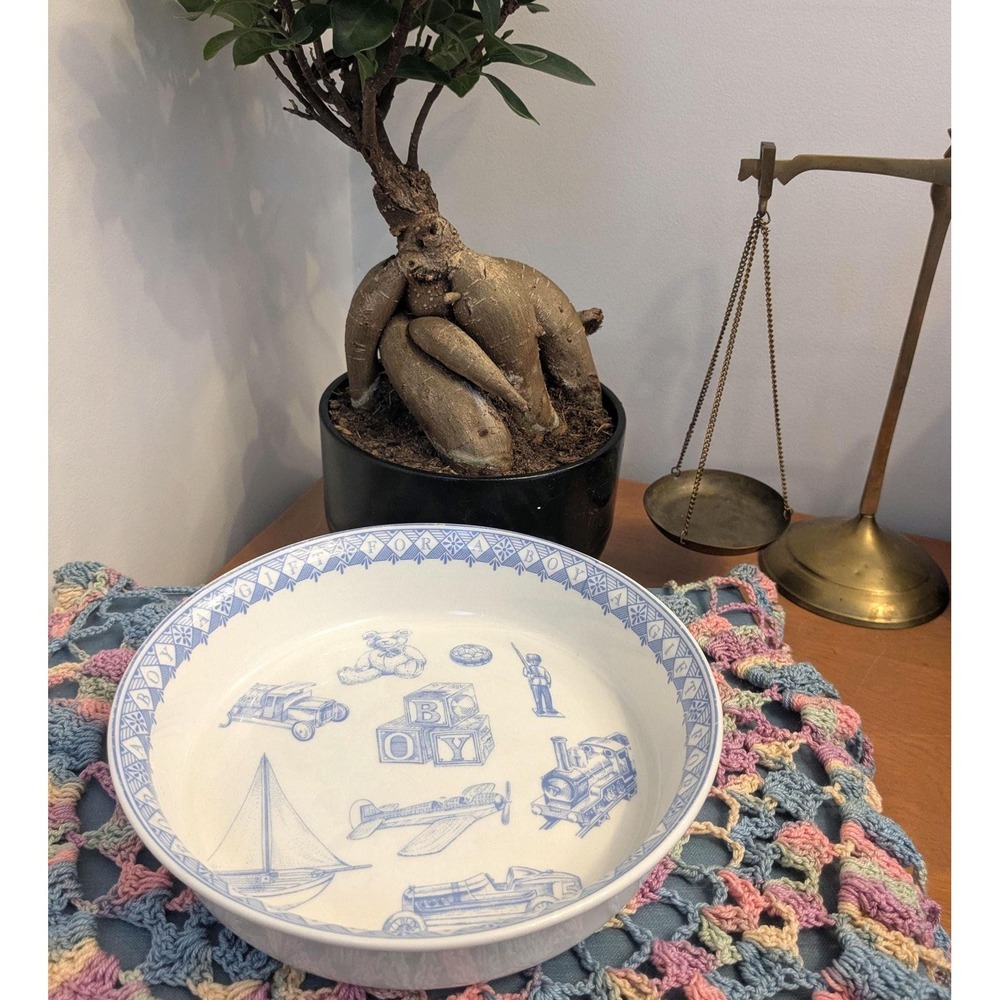 Vintage Baby Bowl with Blue Toy Illustrations, Nursery Dish, Boy Theme Bowl